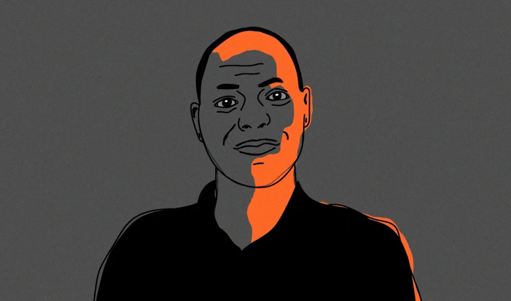 Alex Kigoye, Partner from Uganda in black, white and orange strokes
