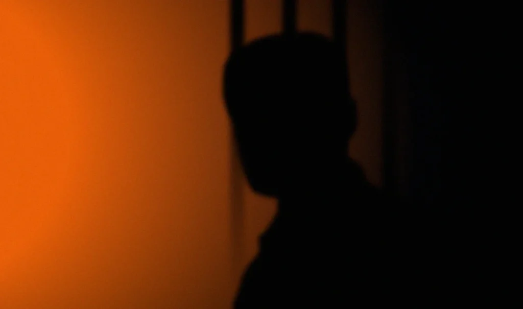 Black silluete of a man behind prison bars on an orange background
