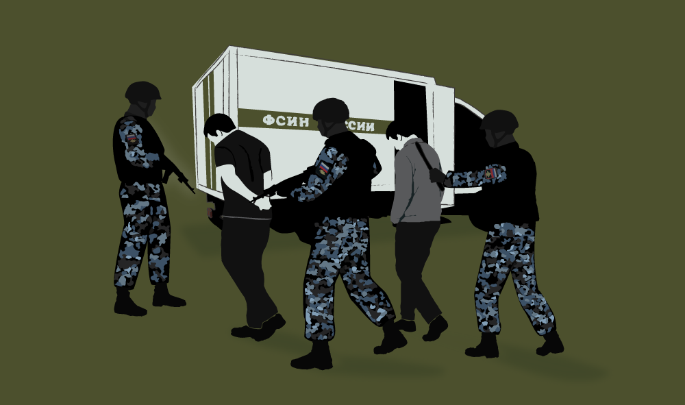 Illustration of Ukrainian Prisoners deported into af truck by Russian Soldiers