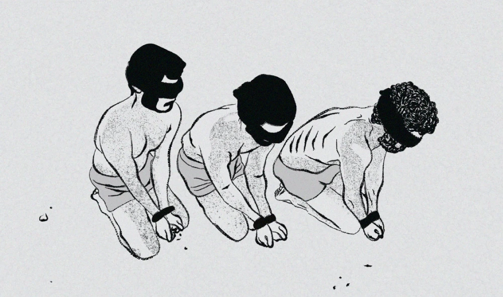 Illustration of three men blindfolded on their knees