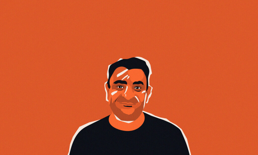 50-year-old Ghazwan smiles in front of an orange background, illustration